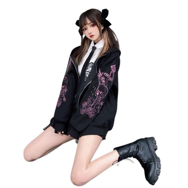 Skull and Swords Zip Up Hooded Women's Jacket: Japanese Sweatshirt Preppy Style Embroidered Baseball Long Sleeve Jacket Mall Goth from NSE Imports #1.